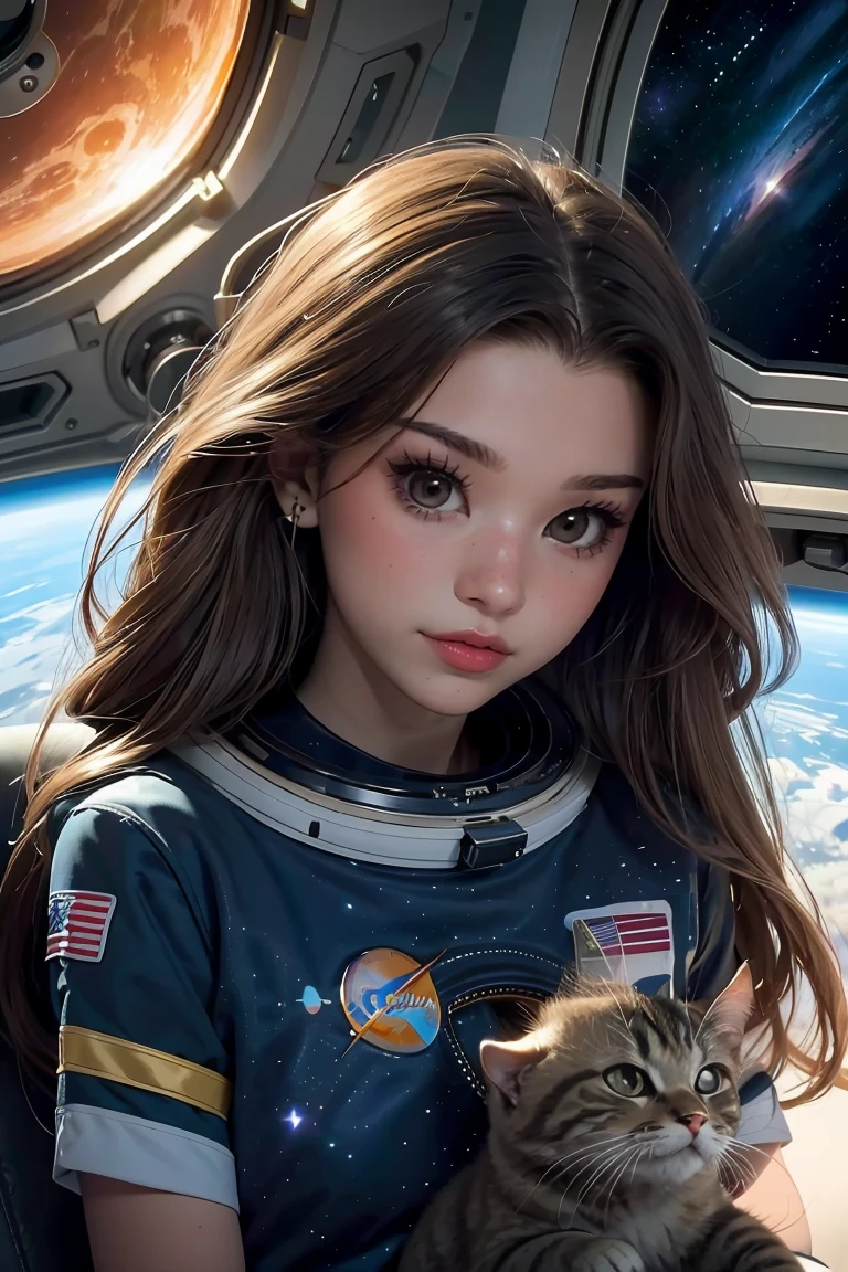 Cartoon illustration of a boy and a girl in space with cat, official fan art, in space, kitten in outer space, in outer space, in deep space, in galaxies, deep space exploration!!!, space travel, wearing in stars and planets, outer space, outer space, starry sky in space, in space, official art, space, on a spaceship, colorful, cute, more detailed, light, more realistic, cartoon