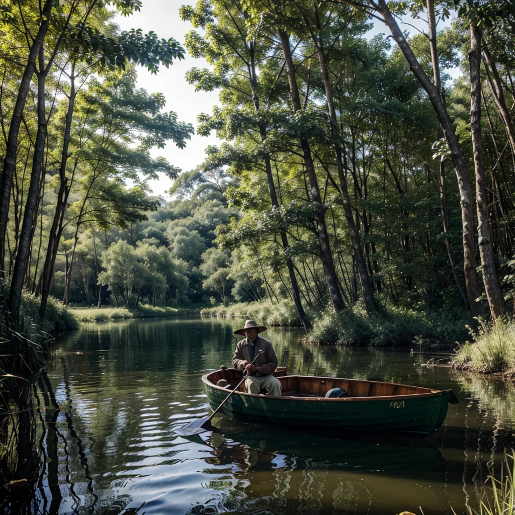 lake, cane, the forest, fisherman in a boat