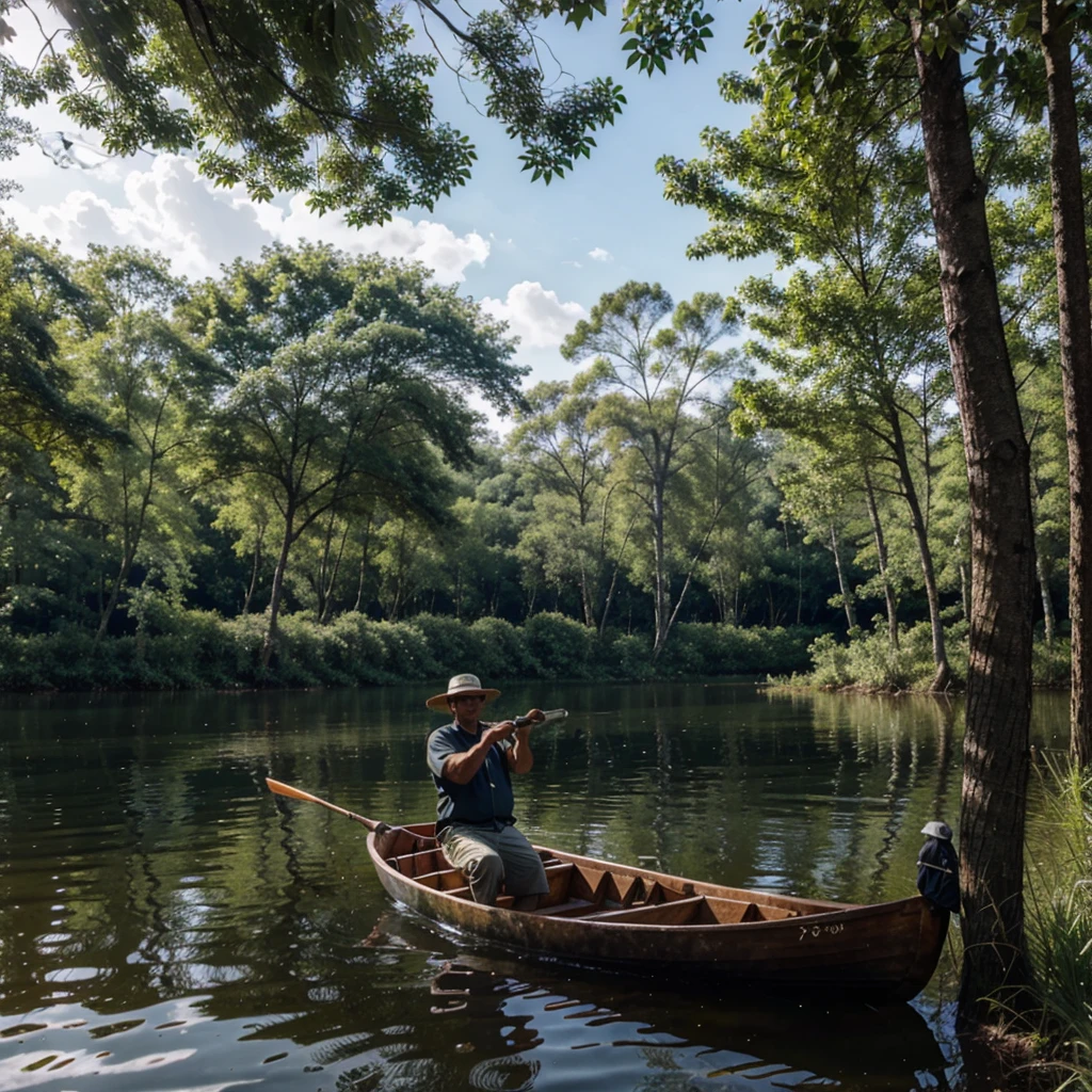 lake, cane, the forest, fisherman in a boat