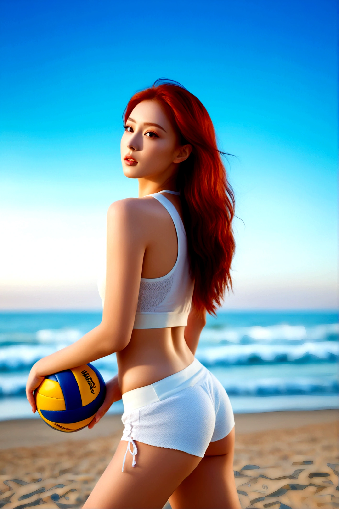 (masterpiece, best quality:1.4),(beautiful, aesthetic, perfect, delicate, intricate:1.2),8K,Ultra HD,(Anatomically correct),((Textured Skin)),(A beautiful girl:1.2),(delicate facial features),(realistic:1.3),photorealistic,intricate,hyper detailed,(perfect face),((red hair)),smooth lighting,beautiful lighting,perfect lighting,Wearing sportswear,play volleyball on the beach,smooth skin,Sexy,Nice ass