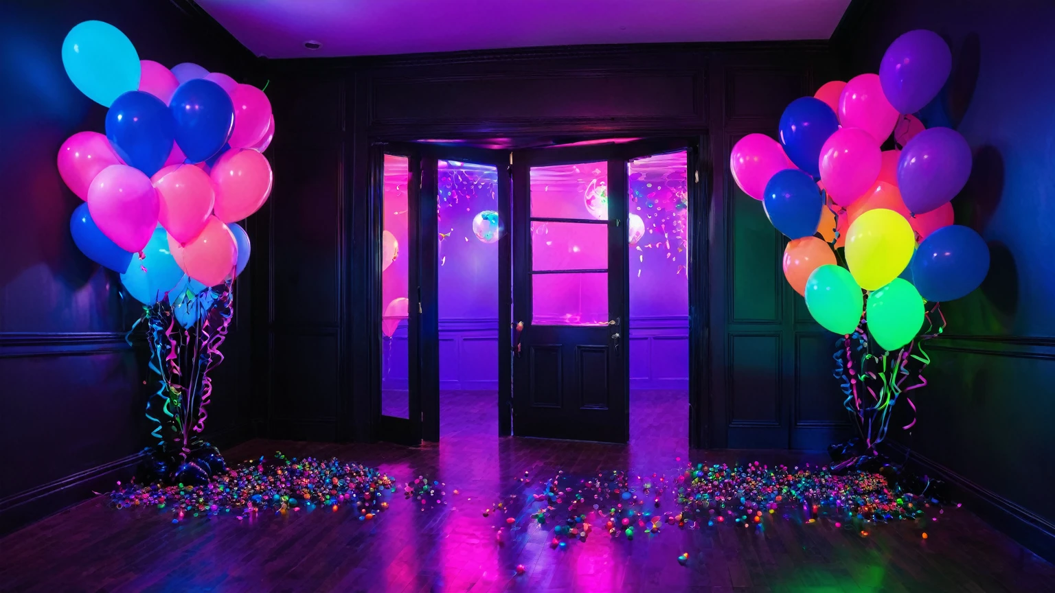 main door, neon black light party room with fluorescent color balloons, uv-reactive, neon, black light, fluorescent, party room, birthday, background