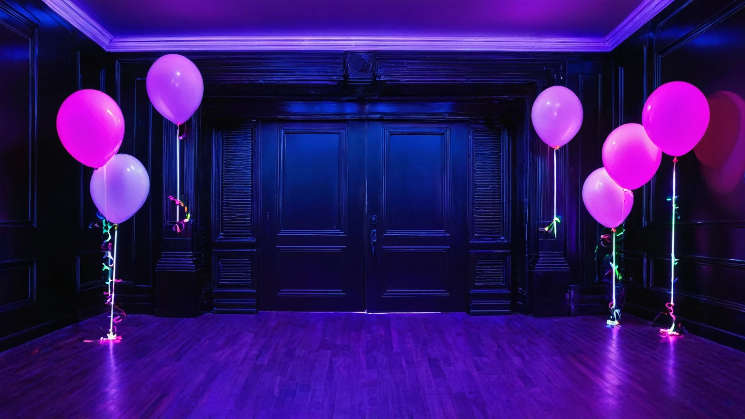 main door, neon black light party room with fluorescent color balloons, uv-reactive, neon, black light, fluorescent, party room, birthday, background