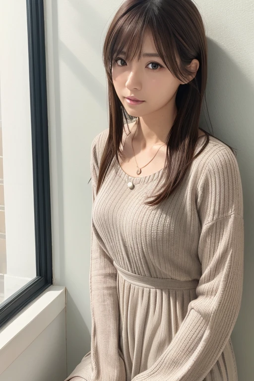 (Highly realistic photos, High resolution, detailed face, fine eyes), Taken in front of a white wall、japanese woman, 40 years old, Variety of facial expressions, alone:1, slim figure, different hairstyles, casual clothes, Alone in a photo、long sleeve dress、Shot in natural light、simple necklace、Spring clothes、Don't look at the camera、profile、Dark brown hair color