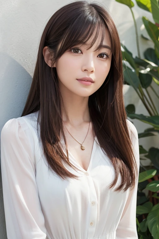 (Highly realistic photos, High resolution, detailed face, fine eyes), Taken in front of a white wall、japanese woman, 40 years old, Variety of facial expressions, alone:1, slim figure, different hairstyles, casual clothes, Alone in a photo、long sleeve dress、Shot in natural light、simple necklace、Spring clothes、Don't look at the camera、profile、Dark brown hair color