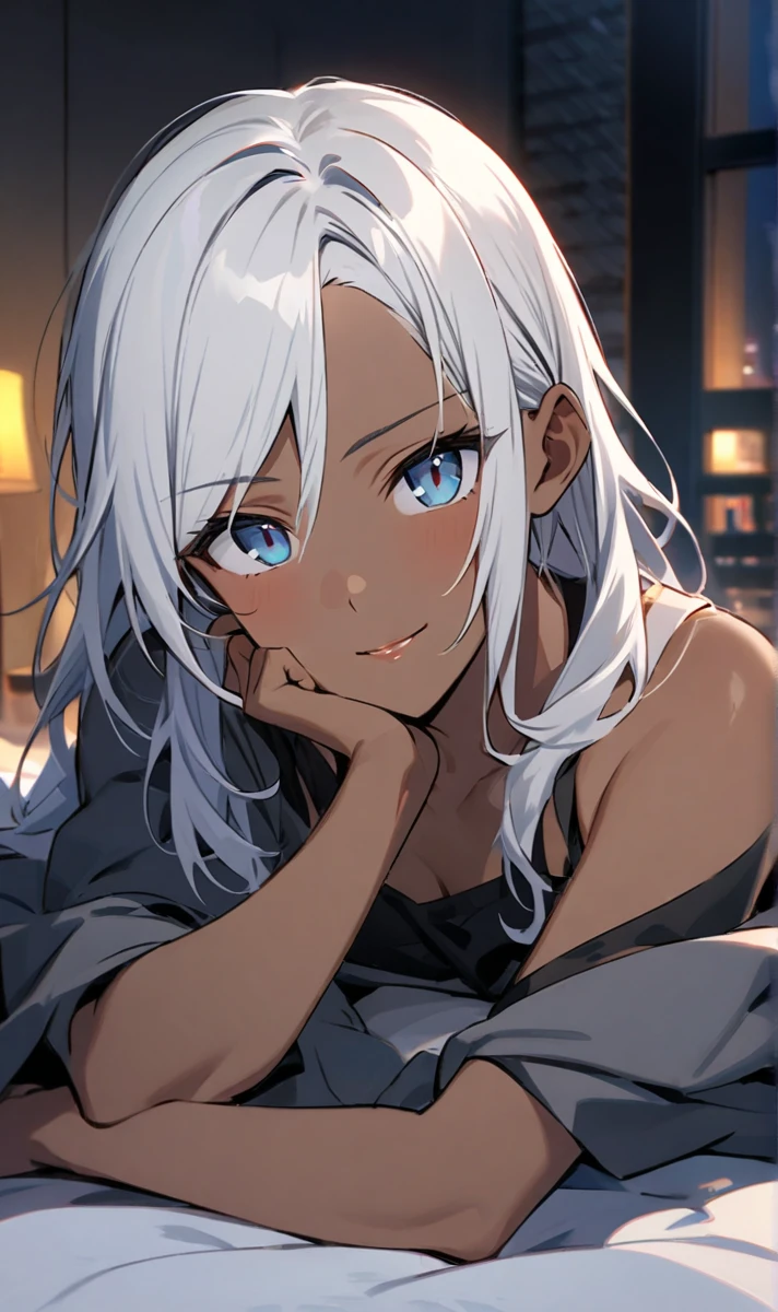 Character From The king of figthers, k Dash Lying on a futon with a soft smile on your lips in a night mood , white hair, grayish blue eyes, dark skin