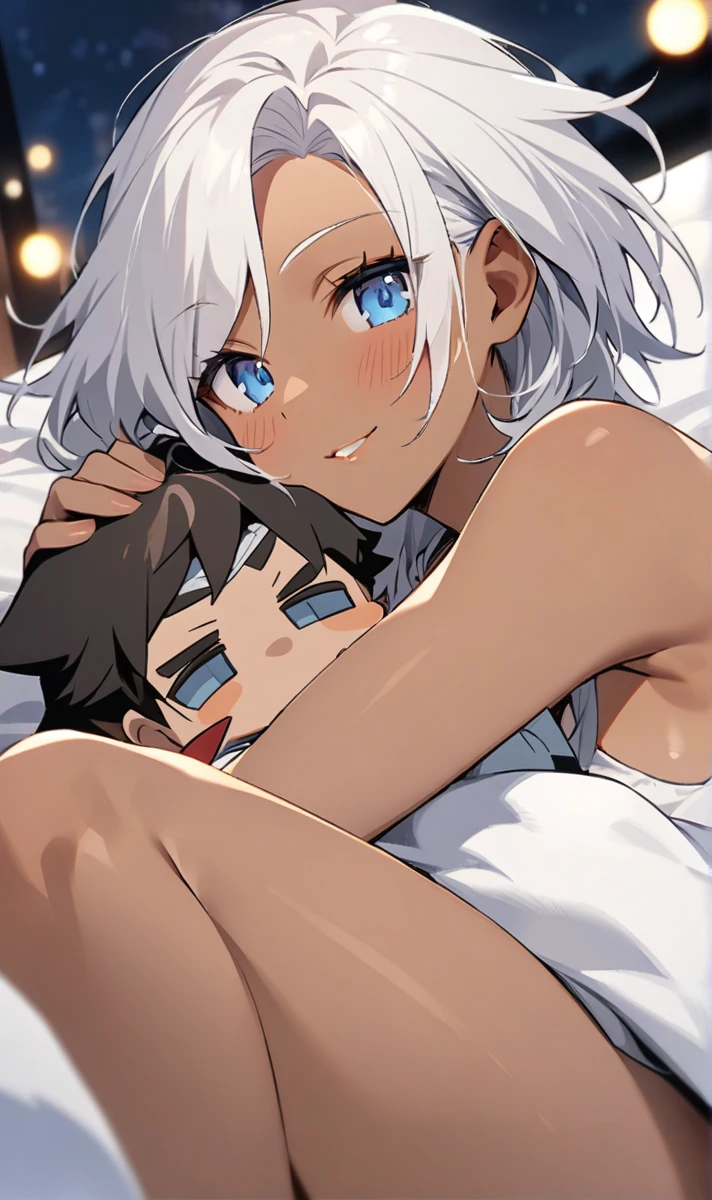 Character From The king of figthers, k Dash Lying on a futon with a soft smile on your lips in a night mood , white hair, grayish blue eyes, dark skin
