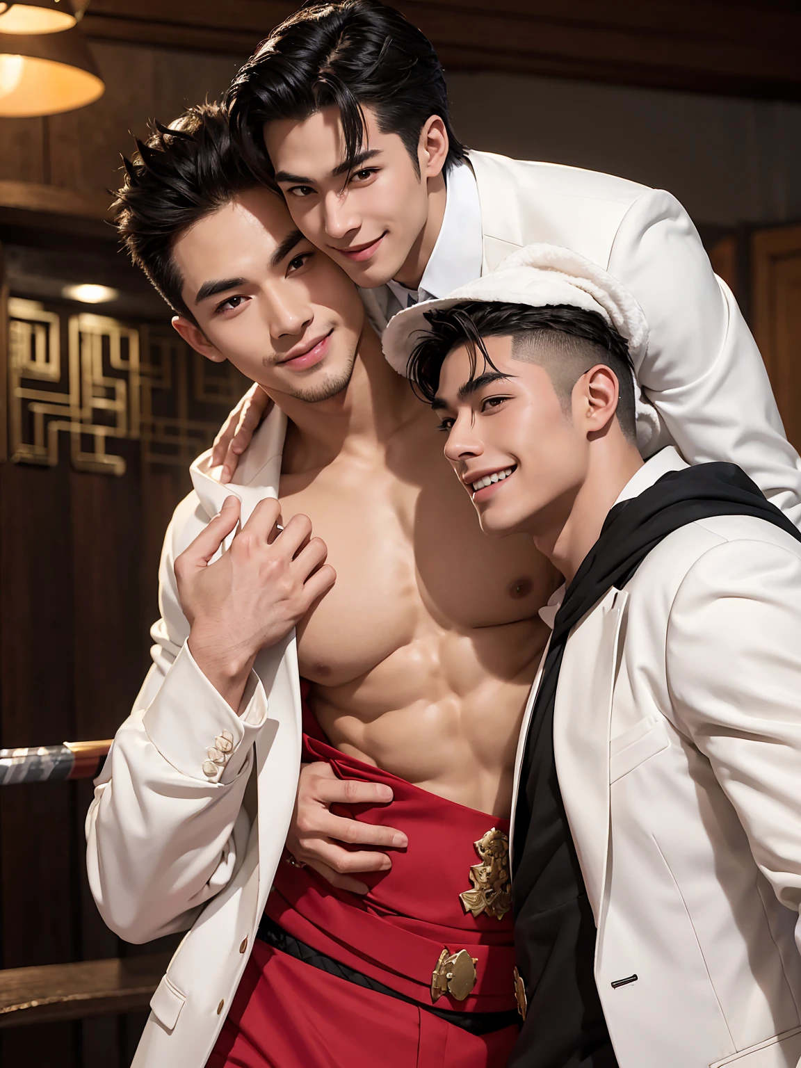 A man with black hair, pink highlights, black eyes, a handsome face, Full chest muscles, Buzz cut,Stylish short hair,a mischievous smile, eyebrow piercing, nose piercing, wearing a Spider-Man costume. Face looks like a Chinese man A little muscular sexy poses and hugged the neck of a tall man with white hair, red eyes, and a mischievous smile. Wear a white suit and have long hair. His face was handsome, tall, muscular, and smiling. He held a katana.