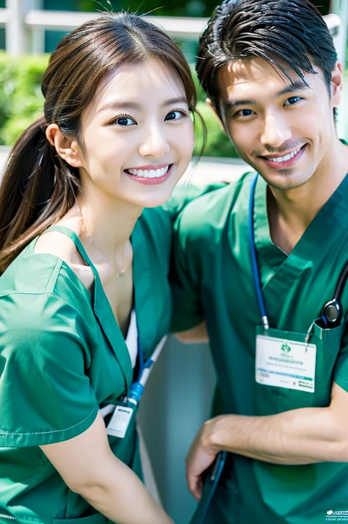 Male dentist and female dental hygienist 2people A good business partner 日本people Handsome Men and Beautiful Women Wearing dark green scrubs Upper body close-up high resolution high resolution Highest quality smile Shooting outside