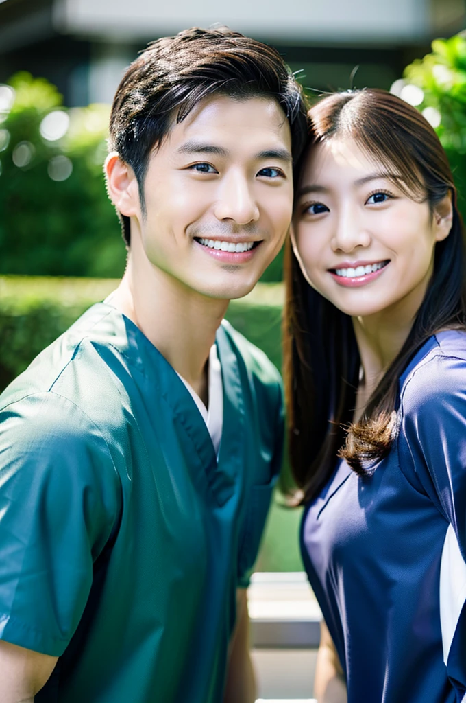 Male dentist and female dental hygienist　２people　A good business partner　日本people　Handsome Men and Beautiful Women　Wearing dark green scrubs　Upper body close-up　high resolution　high resolution　Highest quality　smile　Shooting outside