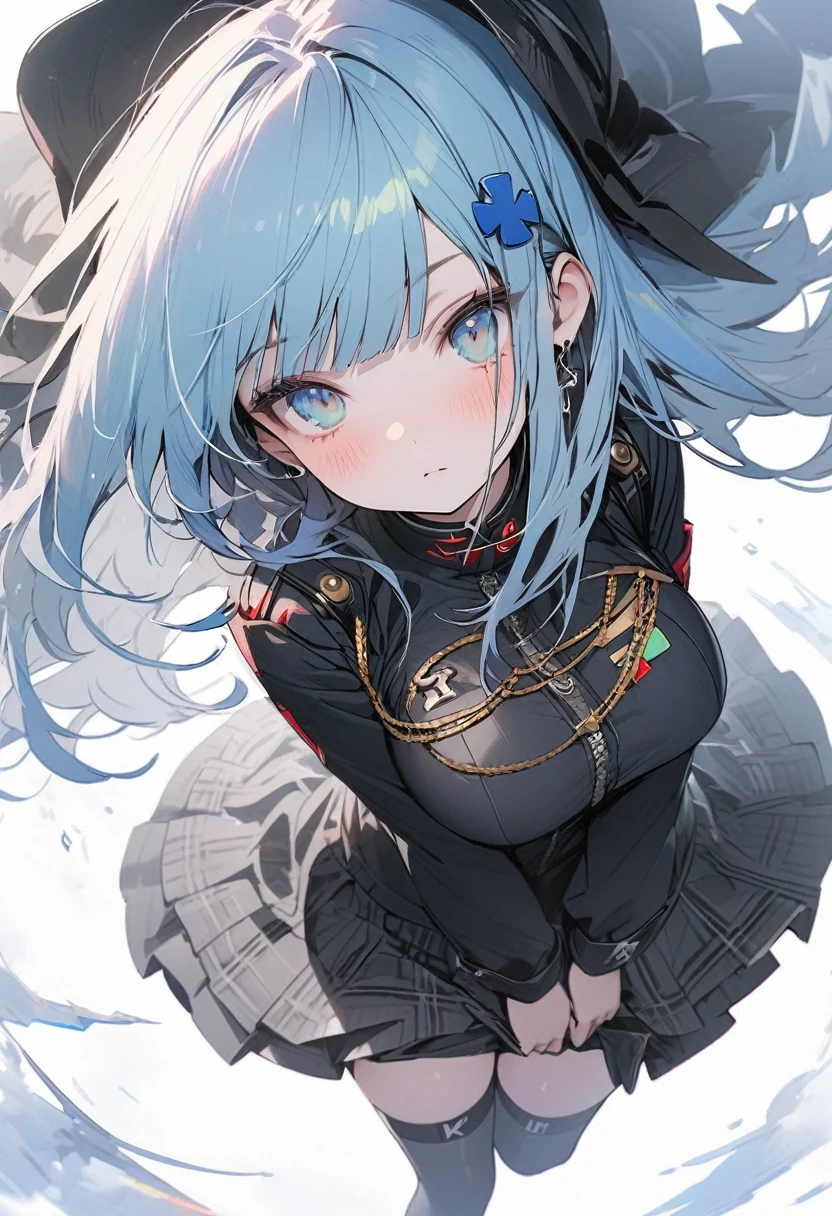 （(1girl))，(((high resolution))),((full body)),straight hair,large breatst,Masterpiece，Super detailed，((white background))，Cool look,((hk416)) ，childish appearance,(expressionless),blunt bangs,(Sky blue hair)，long hair，big breasts,Teenage Girls,Clear Eyes，Green Eyes,white skin,Great graphics,black jacket,thigh-high socks,plaid skirt,Military Uniform,Delicate Features,white 
