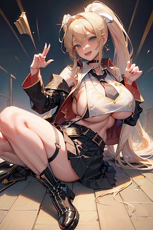 (masterpiece:1.2), (Military uniform magazine cover:1.4),best quality,PIXIV,Sweet girl , sexy posture,1girl, (perky chest:1.2), rolling upskirt by wind:1.6, (with sparkling eyes and a contagious smile),open mouth, (pointed chest:1.2),fishnets, black hair, boots, long hair, black nails, skirt, shirt, solo, black footwear, bag, black skirt, jewelry, jacket, on head, black jacket, thigh strap, bangs, necktie, earrings, nail polish, multicolored hair, looking at viewer, full body, bottle, own hands together, belt, jacket on shoulders, food, cats on head, black necktie, ring, choker, english text, collared shirt, blue eyes, platform boots, hat, lace-up boots ,masterpiece、highest quality、Very detailed、An illustration、Beautiful fine details、One Girl、cute、Detailed landscape、Training Room Background:1.4、Platinum Blonde Hair、Braided Ponytail、Red camisole、((D cup breasts, Tank top showing underboob:1.3))
