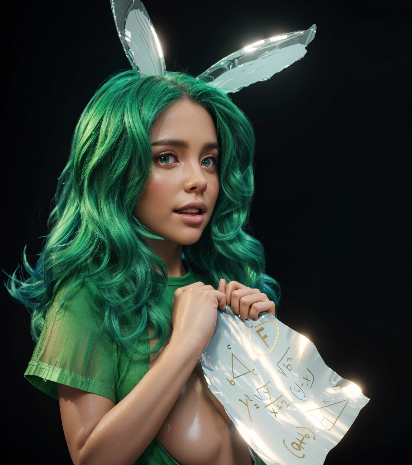 The image features a young girl with green hair, dressed in a green shirt, holding a piece of paper with a math problem written on it, smooth 3d model, glossy plastic texture, multiple light sources, rim light, sharp post effects render, most beautiful vfx, , realistic, 4k, high resolution, rim light, smooth 3d model. , glossy texture, smooth 3d model, multiple light sources, rim light, sharp post effects render, (glossy plastic texture with multiple big light probe refractions), perfect cgi, reflective, best quality, 4k, masterpiece:1.2, ultra-detailed, realistic, vivid colors, The image of the highest quality, ensuring every detail showcased perfectly. It in 4k resolution, allowing viewers to immerse themselves in the richness of the colors and intricate details. The realistic rendering. under the spotlight, reflecting, high-resolution image, realistic rendering