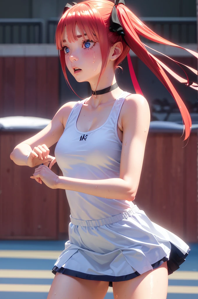 blue eyes, hair ornaments, Hair Ribbon,Show your forehead、Twin tails、 Random color tennis wear, clavicle, Thighs, blush,, Lace choker, short hair,,No bra,,Highly detailed skin, Highly detailed face, (beautiful Fine grain, the girl, Red cheeks), (A girl is standing), The girl is a cute 18-year-old tennis player., (Not wearing a bra, Knee socks、 The girl has a toned figure., Pink tennis wear, Sun visor,, Tennis court, ((I took the photo from the front、The girl contains the whole body)), flowing、Fine grain, Perfect functionality, ( Highest quality, good quality:1.4), Intricate details,Closely、Embarrassed expression、blush、Shining Sweat、Perfect Skin,Sweat is noticeable in the cleavage、、Thighsの汗が目立つ、 Fair skin,Tight waist, Sweating profusely、Sweaty hair、Sweaty clothes、Sweaty、Visible sweat、Sweat-soaked hair、Athlete System、cherry blossoms、Blonde、Silver Hair、Serve Form、Volley Form、Receive form、