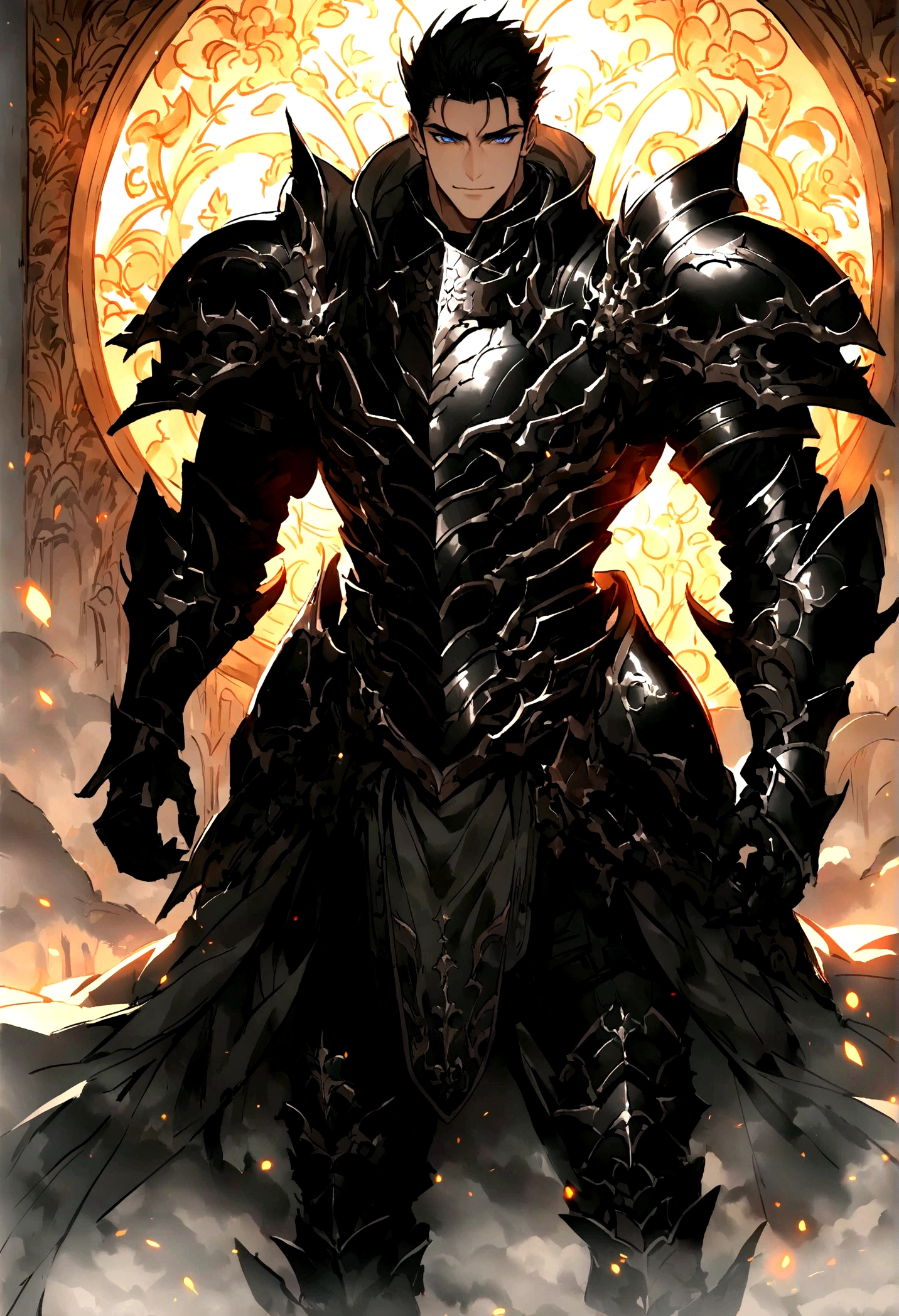 warm sunlight，valley，Thick fog,soft light，คนhandsome，armor, Picture of Araafed of a male anime character with a sword., raymond swanland style, armorสีดำ, armorมืด, สวมชุดarmorหนักและดาบ, berserk skullknight armorสีดำ, Excellent and neat character art, Inspired by Raymond Swanland, นักรบหุ้มarmor, strong Fantasy Knight, Fantasy Warrior, Fantasy Knight, Fantasy Warrior in full armor ชายหนุ่มผู้เงียบสงบและมีเสน่ห์, 30 years old, smile, gag, Portrait, Highly detailed face, 寒さとsmile, ((blue eyes)), ((black short hair)), [Thick eyebrows], battlefield, ((black long coat)), ((all black)), (blue eyes) ,Short Black Quiff Hair with Soft Fringe, handsome , muscle, Facial expressions, ชุดarmorอัศวินสีดํา (armorสีดำล้วน) , black fur shawl(Masterpiece,best quality,special, (Broad shoulders)) (muscle), male focus, Hand Held Weapons (Crescent repeater),Lipo,Fang Tian Hua Ji, attack posture. , Details of his repeater, Characteristics and characteristics of monsters, and convey the tension and power of the encounter.."