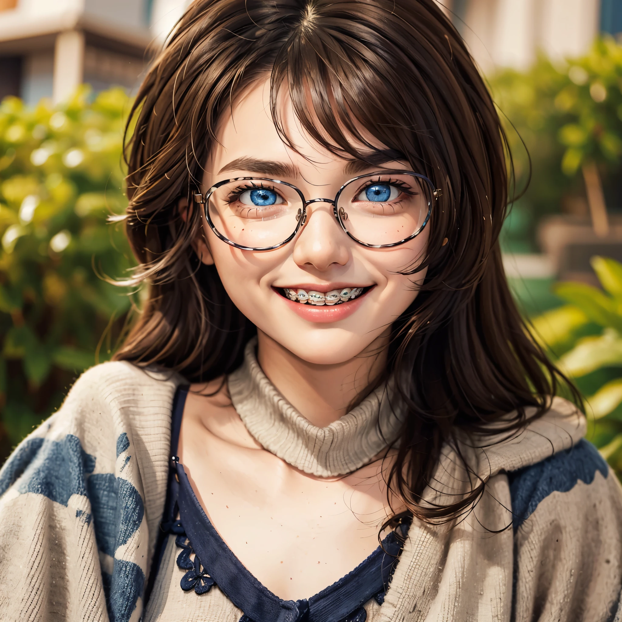 1girl, seductive eyes, braces, glasses, smiling, cute, face focus, blue eyes, blush, brown hair, best quality, masterpiece, highres