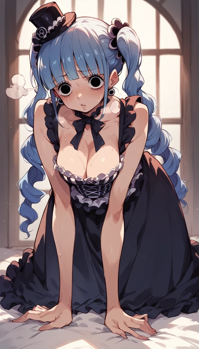 nsfw,1 person,Sweat,White Breath,solo,ONE PIECE,Perona,(Cleavage voyeur),sit,room,On all fours,Naughty expression,Gothic ta Dress,Mini Hat
