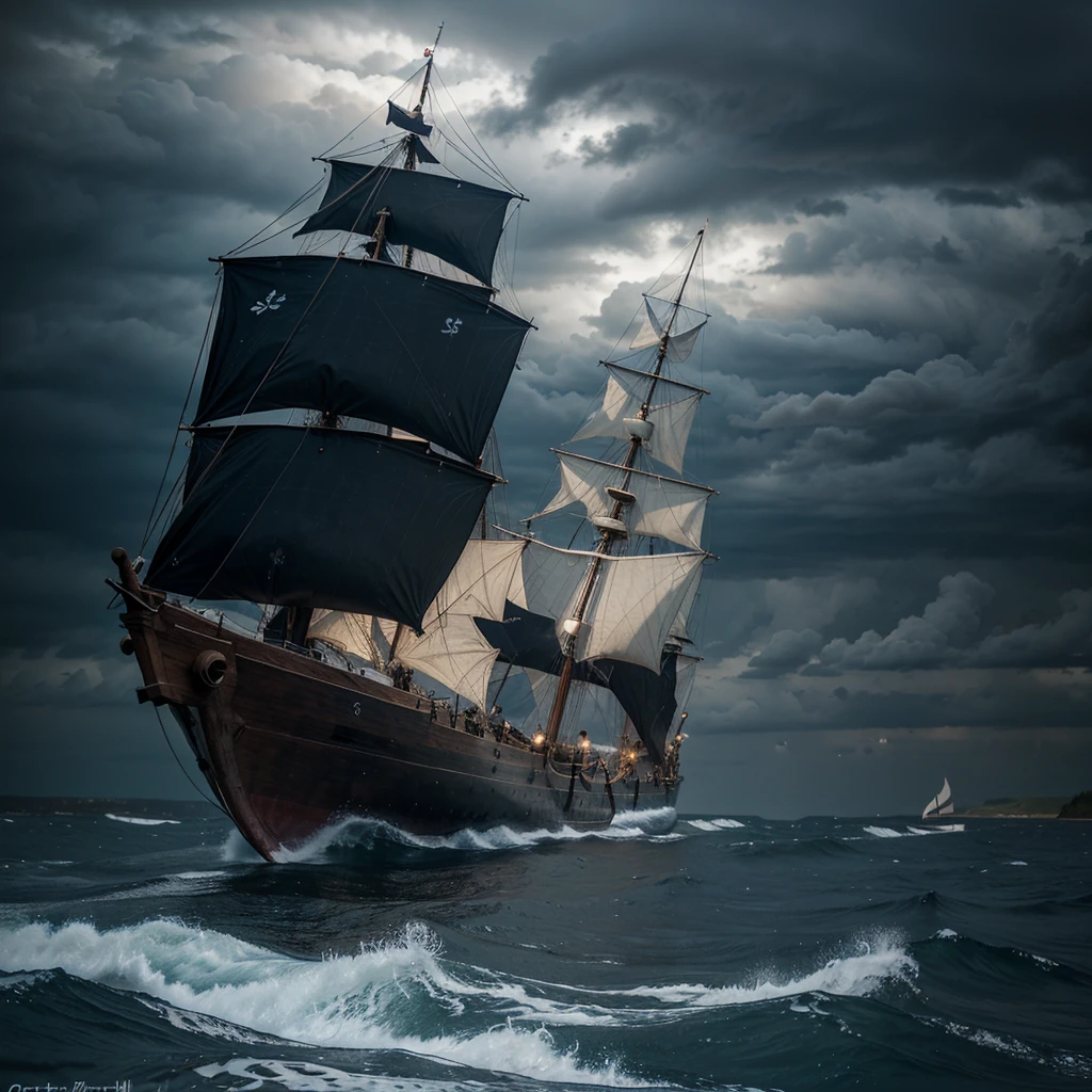Draw a longship sailing on the dark waves towards the storm