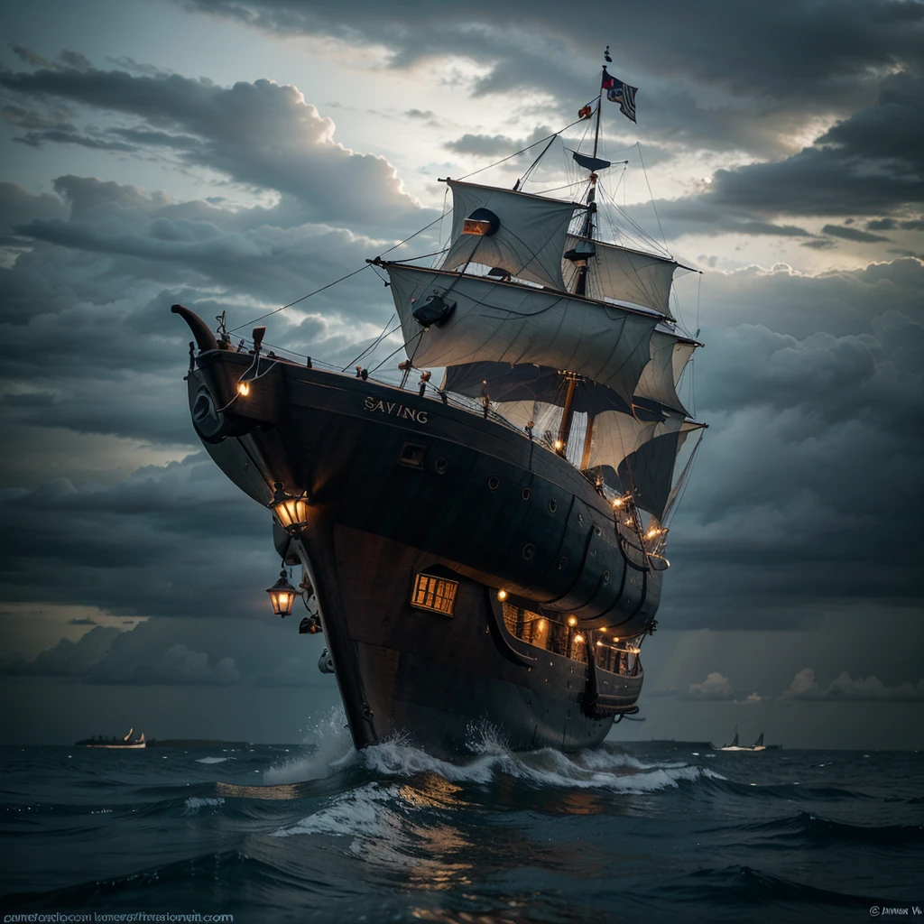 Draw a longship sailing on the dark waves towards the storm