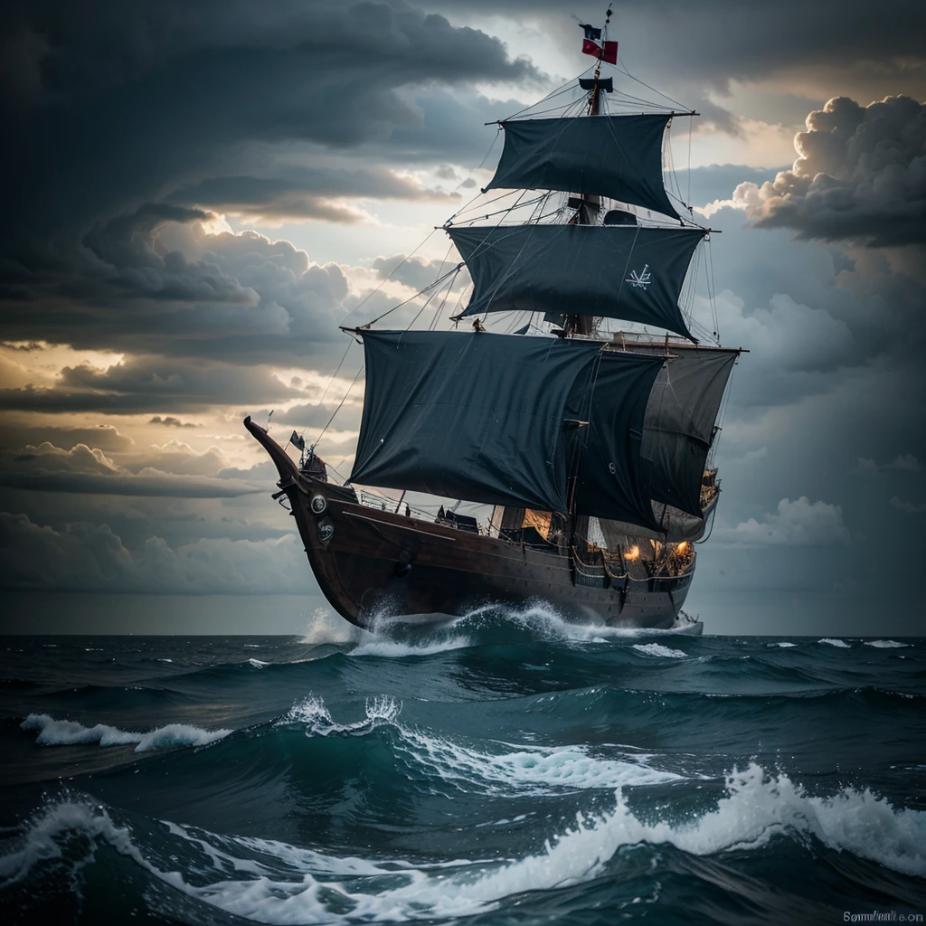 Draw a longship sailing on the dark waves towards the storm
