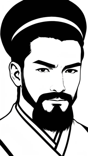 Concentrated line illustration、Monochrome、Oriental、Man in simple ancient Chinese costume、ancient chinese hairstyle male、Highest quality、masterpiece、Ultra-high resolution、(Realistic:1.4)、Game Poster、Crisp and beautiful image quality,Embroidered cloth wrapped around a topknot、Feather fan、Black clothes、