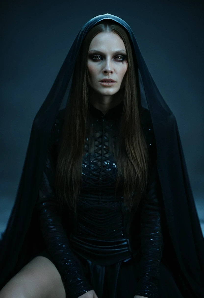 Fashionable of androgynous alien looking witch wearing veil, glowing eyes, beautiful evil slavic muscular woman, pale skin, long hair, futuristic design, minimal details, givenchy, photoreal, 200mm, hd, f/ 2.0, highly detailed, surreal, sitting, light smile, simple black stylish clothes, a slight smiledrop dead, in the style of red and blue, (intricate details, hyperdetailed:1.15) (skin texture:1.2), cinematic, professional, 4k, (((dynamic model pose))), sitting, full body, mesmerizing, dynamic, dramatic, sensual, dynamic pose, highly detailed skin with hair, subcutaneous veins, light and shadow play, highly detailed,24mm photograph, film, bokeh, professional, 4k,
