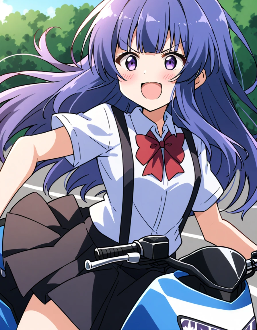 score_9, score_8_up, score_7_up, score_6_up, source_anime,,,,1girl, solo, furude rika, (tween:1), kawaii, blue hair, purple eyes, long hair, blunt bangs, bangs, bow, skirt, shirt, suspenders, smile, short sleeves, pleated skirt, white shirt, open mouth, red bow, ^_^, suspender skirt, , black skirt, collared shirt, blush, bowtie, blunt bangs, dress shirtt, (crossed eyes), .serious,(a girl riding a motorcycle at full speed:1.3),(),),,,(serious expression:1.1)、Dutchangle