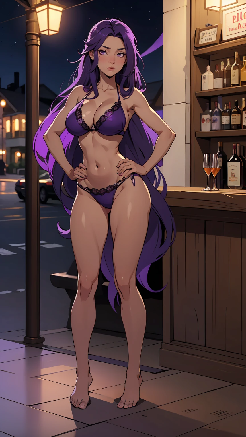 Masterpiece, best quality, Masterpiece, best quality, 1 woman, black skin , Long Lilac Hair , purple hair. , Shy , sly face , Shameless , purple lace bikini , big breasts , , abdomen , Long legs , Put your hands on your hips , Barefoot , full body , pub , bar , at night