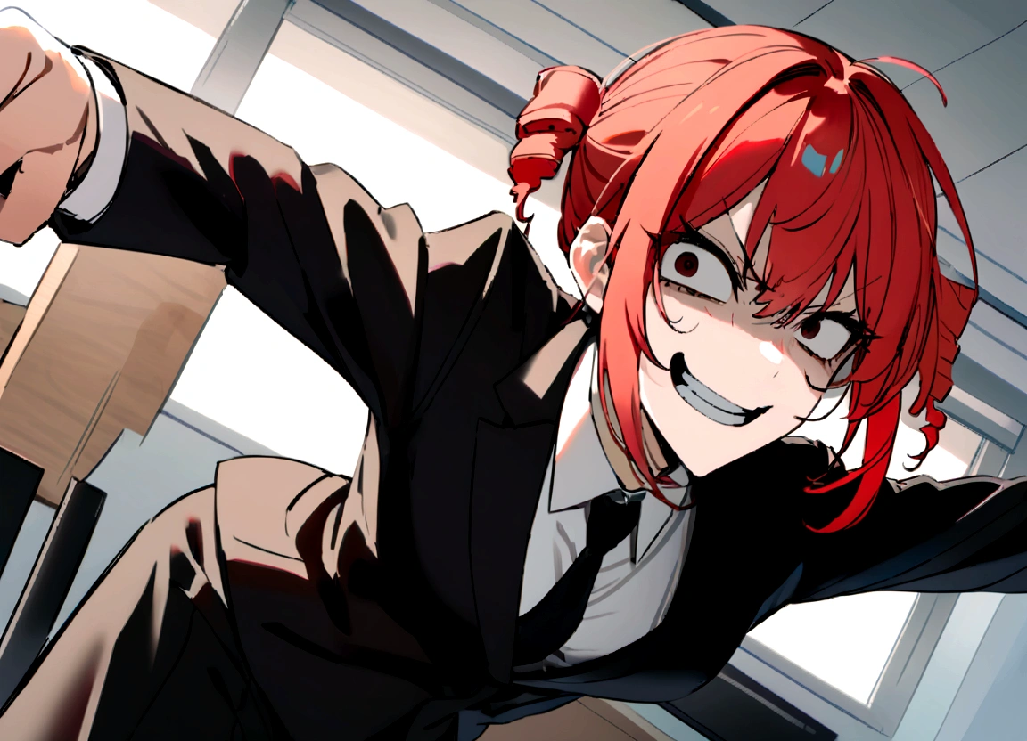 Red hair, black suit, punching, scary smile, office, daytime, vigorous