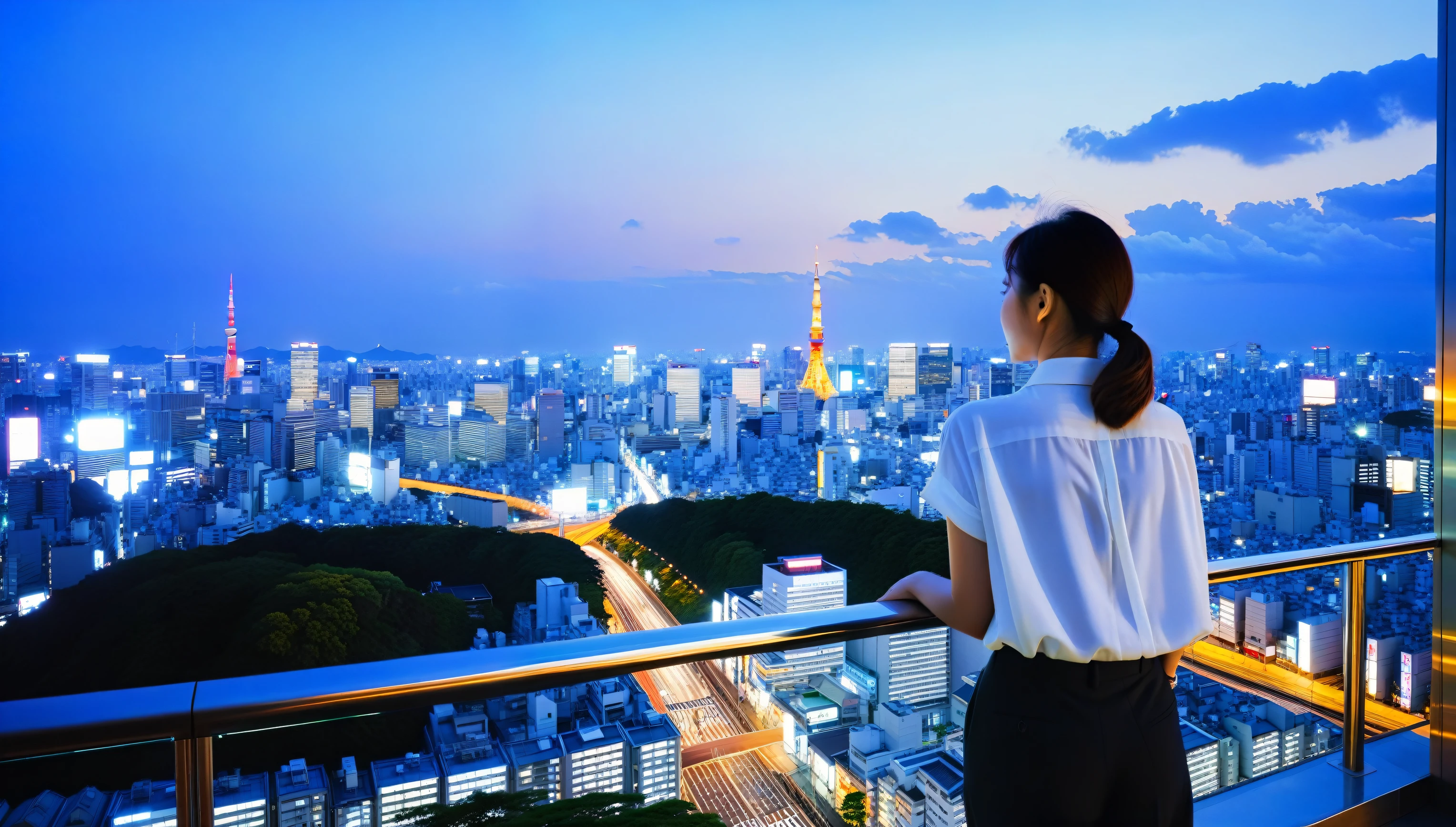 Overlooking a breathtaking panorama of Tokyo at twilight. The cityscape stretches out before them, a vibrant tapestry of twinkling lights, towering skyscrapers, and bustling streets. They are positioned on a glass-enclosed stairway with bright yellow stripes, emphasizing the dizzying height and offering an unobstructed view of the metropolis. The man, wearing a maroon shirt, gestures towards the cityscape with his right hand while the woman beside him, in a white top and black pants, enjoys the view. The urban sprawl, aglow with a blue-tinged twilight hue, creates a sense of awe and wonder.