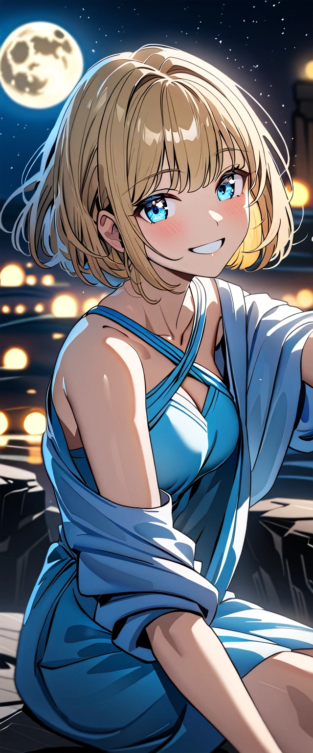 ((grin)), ((off-shoulder dress:1.3, criss-cross halter)), ((sundress)), ((blond hair, bob cut:1.3)), ((sunglasses, hand to sunglasses)), (((from side))), ((((upper body)))), bare legs, (()), (((A night sky stretching under a full moon, stars shining and reflecting on the sea surface))), ((sitting on the very high cliff)), wavy hair, inward curled hair, ((sea, nature)), breasts, teenager, (looking at viewer), oversized clothes, puffy long sleeves, collarbone, head tilt:1.3, (((blue eyes))), happy smile, (((anime style))), (best quality, 4K, 8K, highres, masterpiece:1.2, ultra-detailed, ultra-detailed eyes, HDR, uhd, studio lighting, ultra-fine painting, sharp focus, physically-based rendering, extreme detail description, professional, vivid colors, bokeh)
