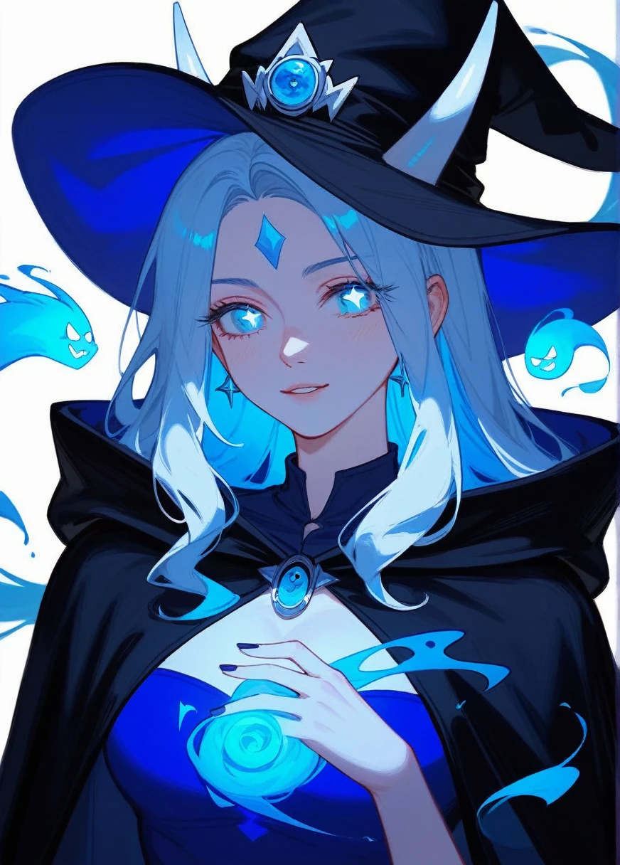 (Fraction_9,Fraction_8_Direction_7_up),1 Woman,White pupil,Blue Ghost, soul,Ghost,White horns,demon woman,beauty的_Face,beauty,Wearing blue Greek clothing,Surrounded by souls,Wearing a black hat、Draped in a black cloak、Witch in blue dress, Dark Witch Character, mechanized witch女孩, Mysterious art style, witch女孩, Flirty anime witch casting magic, Bright witch, Fashion Dark Witch, wizard magic witch, Epic Mage Girl Character, evil witch witch, Star witch clothes, witch, pretty witch