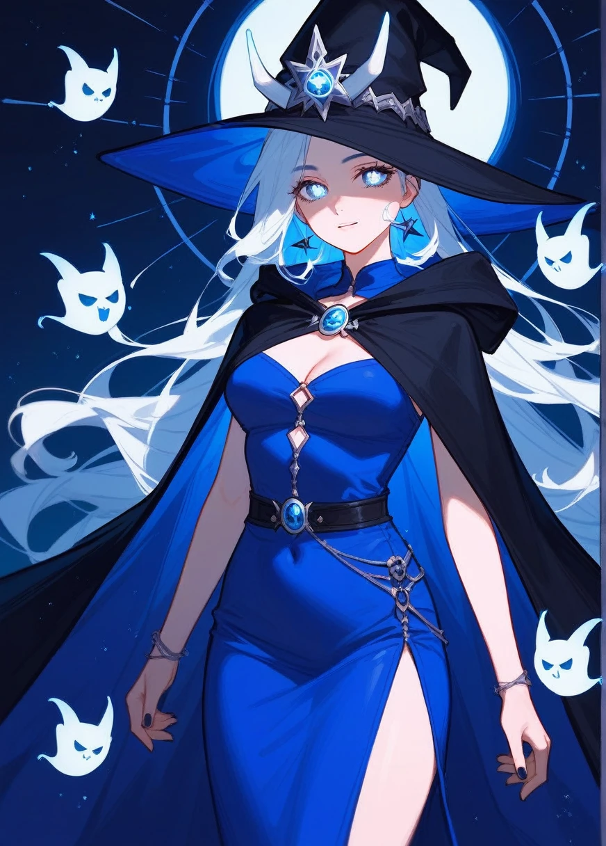 (Fraction_9,Fraction_8_Direction_7_up),1 Woman,White pupil,Blue Ghost, soul,Ghost,White horns,demon woman,beauty的_Face,beauty,Wearing blue Greek clothing,Surrounded by souls,Wearing a black hat、Draped in a black cloak、Witch in blue dress, Dark Witch Character, mechanized witch女孩, Mysterious art style, witch女孩, Flirty anime witch casting magic, Bright witch, Fashion Dark Witch, wizard magic witch, Epic Mage Girl Character, evil witch witch, Star witch clothes, witch, pretty witch