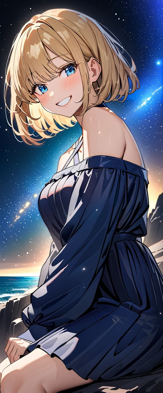 ((grin)), 風が強い, ((off-shoulder dress:1.3, criss-cross halter)), ((sundress)), ((cleavage)), ((blond hair, bob cut:1.3)), ((sunglasses, hand to sunglasses)), (((from side))), ((((upper body)))), bare legs, (()), (((a beautiful starry sky, the Milky Way shining beautifully in the night))), ((standing on the very high cliff)), wavy hair, inward curled hair, ((sea, nature)), breasts, teenager, (looking at viewer), puffy long sleeves, collarbone, head tilt:1.3, (((blue eyes))), happy smile, (((anime style))), (best quality, 4K, 8K, highres, masterpiece:1.2, ultra-detailed, ultra-detailed eyes, HDR, uhd, studio lighting, ultra-fine painting, sharp focus, physically-based rendering, extreme detail description, professional, vivid colors, bokeh)
