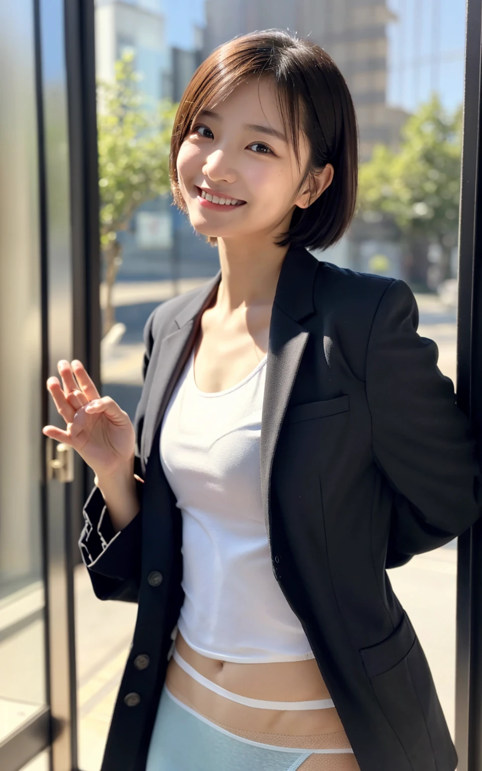 Raise your hand,In-house、Wearing a business jacket,Wear a shirt,look at the camera with a smile、（Panties:1.5）、woman, 20-year-old, Short Hair,私のPantiesを露出させてください...、(レースのPantiesー)、(Tilt your head a little)、Detailed skin、Detailed skin、Detailed Sweat