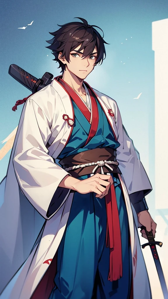 A young man wearing a Hanfu robe holds a sword.