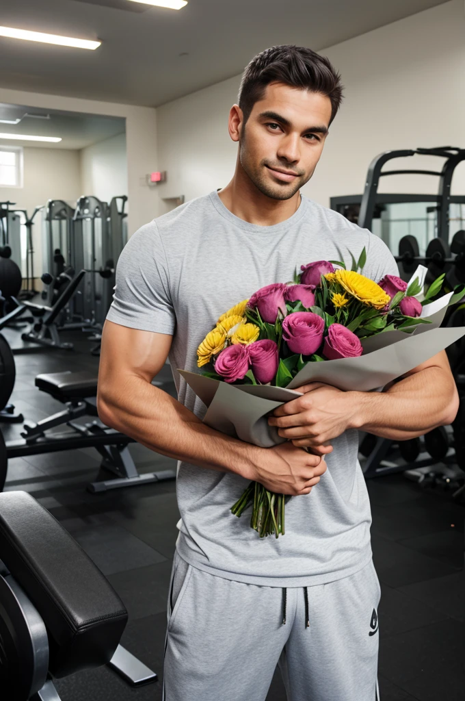Gym guy with a bouquet of flowers in his hands