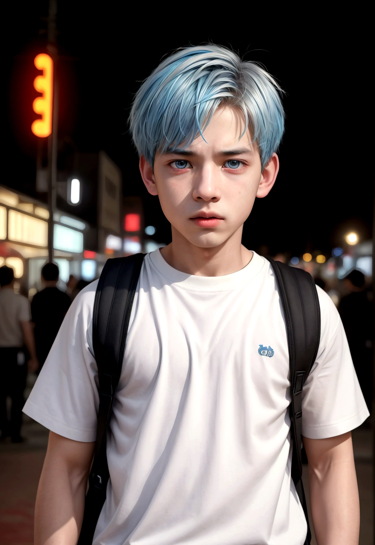 (best quality,4k,8k,highres,masterpiece:1.2),ultra-detailed,(realistic,photorealistic,photo-realistic:1.37),HDR,UHD,studio lighting,ultra-fine painting,sharp focus,physically-based rendering,extreme detail description,professional,vivid colors,bokeh,portraits A boy with short light blue hair, wearing a boy , with glowing red eyes, standing in a bustling city. The boy has a calm and chill expression on his face. He is surrounded by tall buildings and colorful neon lights, creating a vibrant and lively atmosphere. The cityscape extends into the distance, showcasing the vastness and energy of urban life. The boy's blue hair contrasts with the warm tones of the city, making him stand out. His uniform is neat and well-fitted, representing his disciplined and studious nature. The glowing red eyes add a touch of mystery and intrigue to his appearance, hinting at supernatural abilities or a hidden power within him. The portrait of the boy is of the highest quality, with every detail meticulously captured. The lighting in the scene is carefully crafted to enhance the boy's features and create a dramatic effect. The colors are vivid and vibrant, further enhancing the overall impact of the artwork. carrying backpack. wearing sneakers. tired. from a far. yawn. a girl with white hair. wearing girl . carrying bag