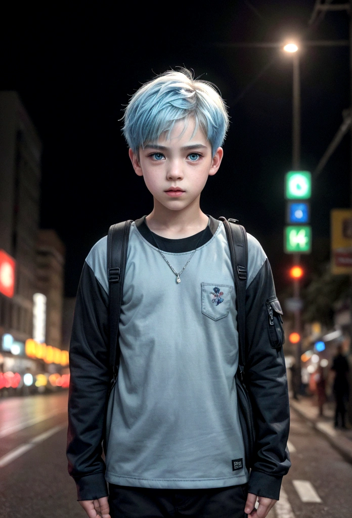 (best quality,4k,8k,highres,masterpiece:1.2),ultra-detailed,(realistic,photorealistic,photo-realistic:1.37),HDR,UHD,studio lighting,ultra-fine painting,sharp focus,physically-based rendering,extreme detail description,professional,vivid colors,bokeh,portraits A boy with short light blue hair, wearing a boy , with glowing red eyes, standing in a bustling city. The boy has a calm and chill expression on his face. He is surrounded by tall buildings and colorful neon lights, creating a vibrant and lively atmosphere. The cityscape extends into the distance, showcasing the vastness and energy of urban life. The boy's blue hair contrasts with the warm tones of the city, making him stand out. His uniform is neat and well-fitted, representing his disciplined and studious nature. The glowing red eyes add a touch of mystery and intrigue to his appearance, hinting at supernatural abilities or a hidden power within him. The portrait of the boy is of the highest quality, with every detail meticulously captured. The lighting in the scene is carefully crafted to enhance the boy's features and create a dramatic effect. The colors are vivid and vibrant, further enhancing the overall impact of the artwork. carrying backpack. wearing sneakers. tired. from a far. yawn. a girl with white hair. wearing girl . carrying bag