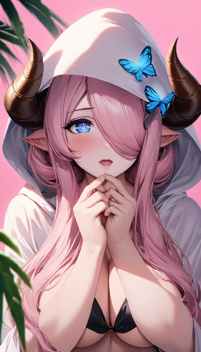 Vibrant, high-definition anime-style illustration set on a tropical beach. The layout features a central female character, Narmaya, with long pink hair, partially covered by a hooded cloak adorned with brown horns. She has fair skin, large expressive blue eyes and pink pupils, and a small blue butterfly hair clip. One eye is covered by her hair. The character is wearing a revealing black bikini with gold accents, and her hands are holding the edges of her cloak. The background showcases a pristine beach with white sand, lush green foliage, and tall palm trees. The clear blue sky and turquoise ocean complete the idyllic setting, with distant islands visible on the horizon. Narmaya and her attire are meticulously detailed. The intense effort put into shading brings this image to a semi-realistic style. (masterpiece), best quality, expressive eyes, perfect face, suggestive pose, purple and pink background, seductive, fantasy, 8k, absurdres, narmaya, pink hair, blue eye with pink pupil, hair over eye, draph, horns, butterfly hair clip, black bikini, hood, defined hands, perfect hands, perfect fingers, semi-realistic, realistic shading, realistic lighting, modern anime,