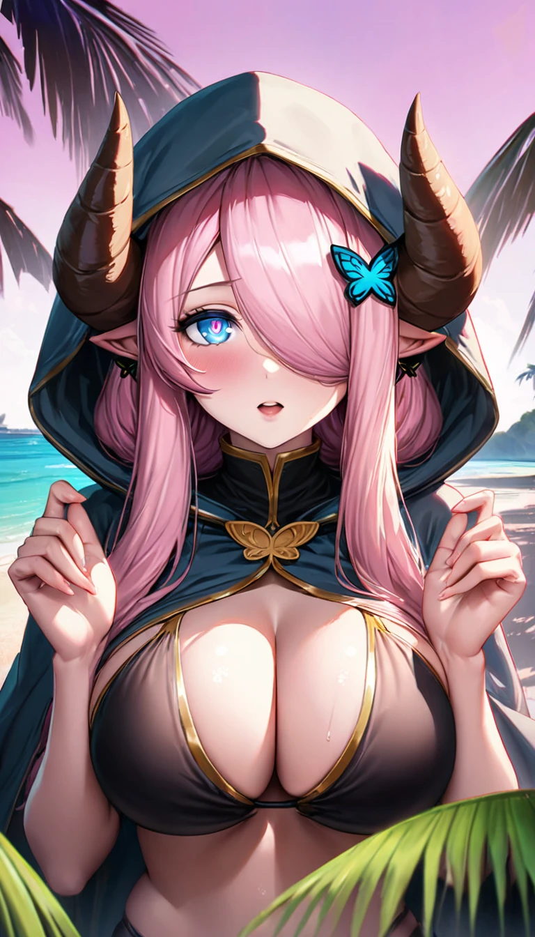 Vibrant, high-definition anime-style illustration set on a tropical beach. The layout features a central female character, Narmaya, with long pink hair, partially covered by a hooded cloak adorned with brown horns. She has fair skin, large expressive blue eyes and pink pupils, and a small blue butterfly hair clip. One eye is covered by her hair. The character is wearing a revealing black bikini with gold accents. The background showcases a pristine beach with white sand, lush green foliage, and tall palm trees. The clear blue sky and turquoise ocean complete the idyllic setting, with distant islands visible on the horizon. Narmaya and her attire are meticulously detailed. The intense effort put into shading brings this image to a semi-realistic style. (masterpiece), best quality, expressive eyes, perfect face, suggestive pose, purple and pink background, seductive, fantasy, 8k, absurdres, narmaya, pink hair, blue eye with pink pupil, hair over eye, draph, horns, butterfly hair clip, black bikini, hood, defined hands, perfect hands, perfect fingers, semi-realistic, realistic shading, realistic lighting, modern anime, large breasts, short stack, mature female,