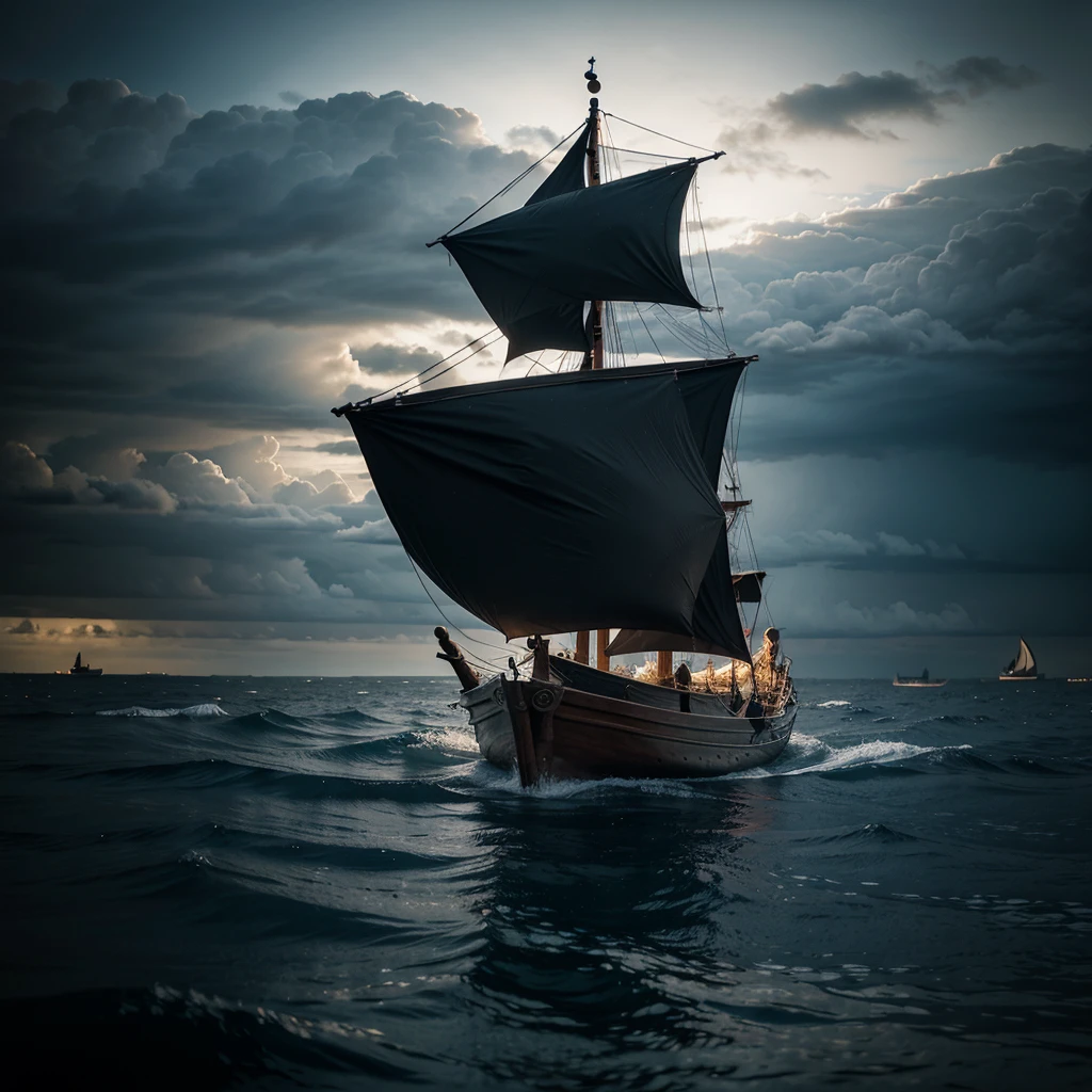 Draw a Viking boat sailing on dark waves towards a storm