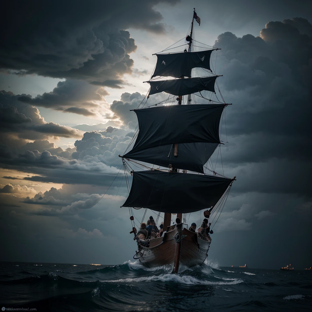 Draw a Viking boat sailing on dark waves towards a storm