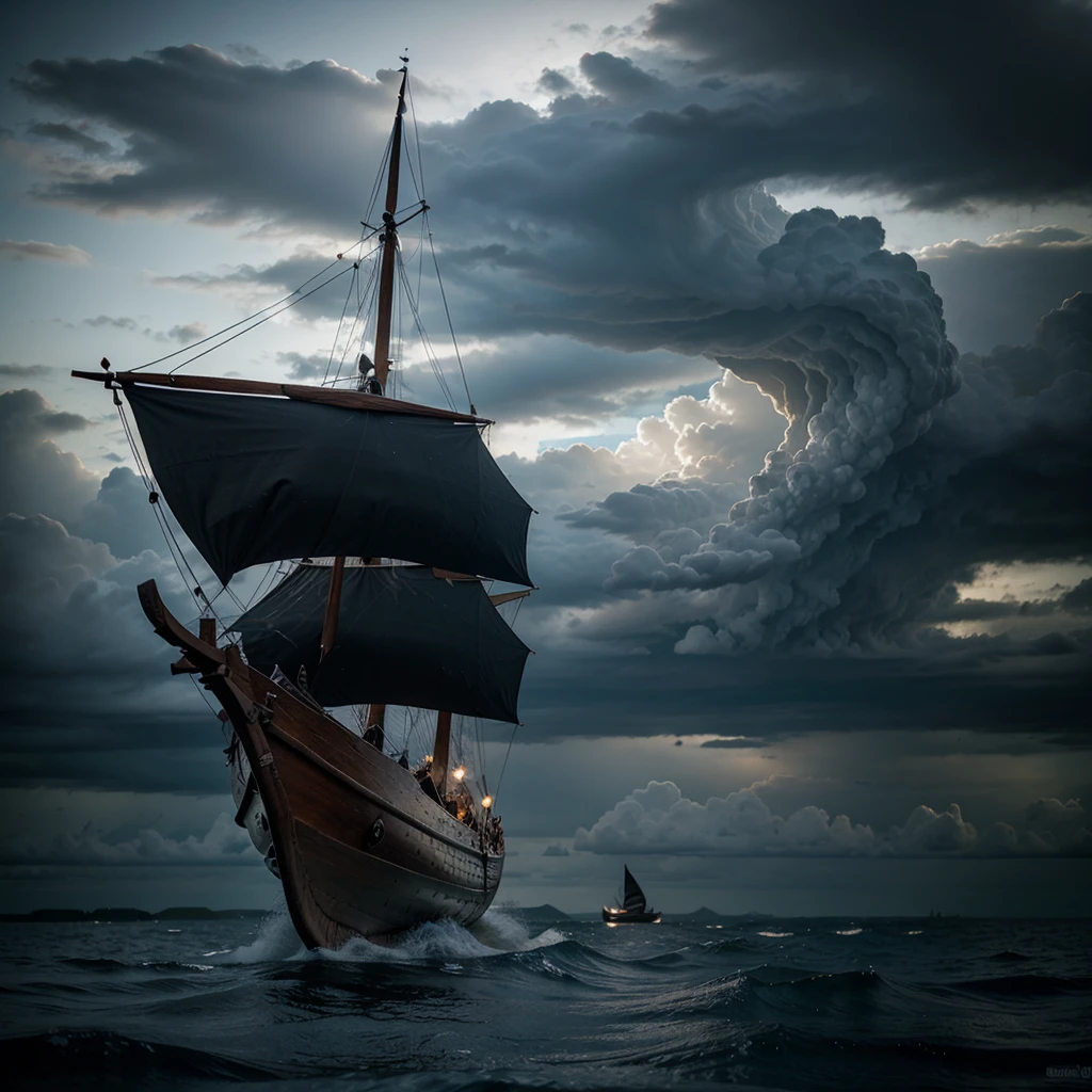 Draw a Viking boat sailing on dark waves towards a storm
