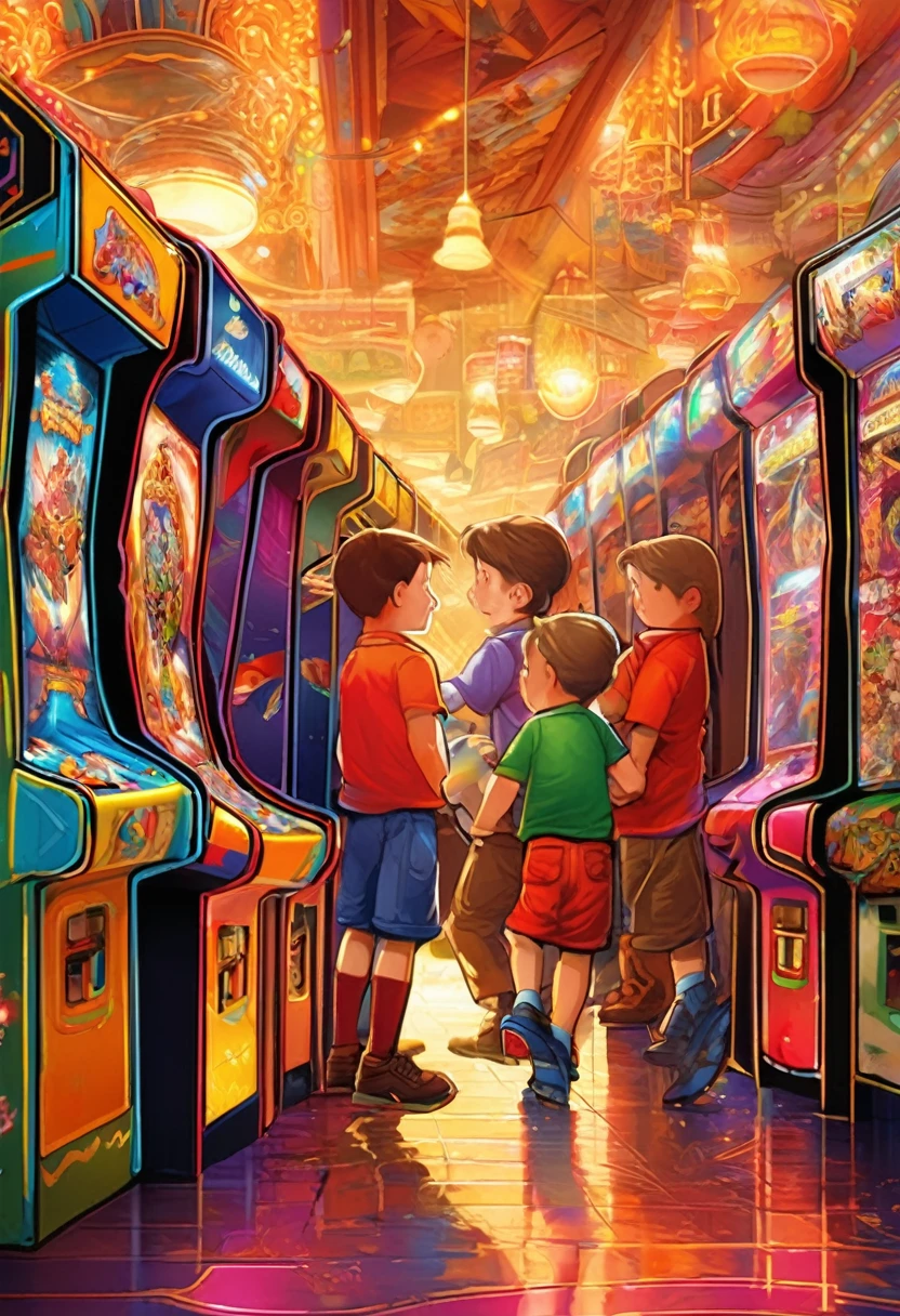(a busy arcade,High-quality artwork detailing each game and the players' faces),ultra-detailed lighting brings neon glow to life in the dark,bright colors contrasting with the dark,viewed from a ceiling angle adding a sense of dynamism,The background depicts a cityscape at night,adding a modern touch.