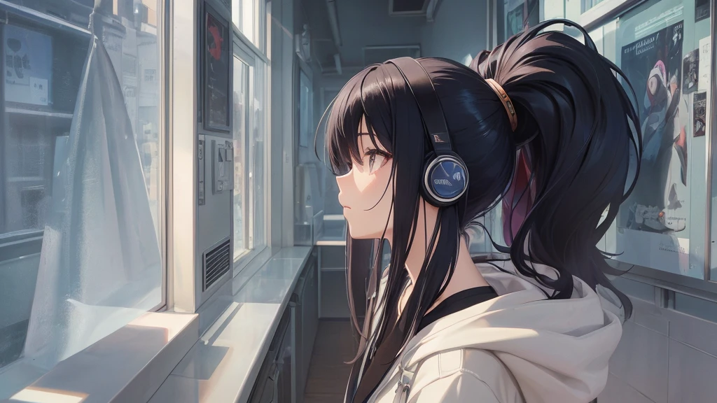 Absurd, Ultra-high resolution, (Official Art, beautifully、mysterious:1.2), Correct human body composition, Teen, Impressive eyes, Long, shiny black hair, Larger than average bust, Girl listening to music with headphones, Looking out the window, Lo-fi Girl, and oversized hoodie, Makoto Shinkai and Artgelm, Anime atmosphere, Lofi art style, Anime style 8k, Anime Aesthetics, Lo-fi feeling, Anime Art Wallpapers 8K, An atmosphere of praise, Urban teenage girl's room, City view from the window, Emotional cityscape, Bright Sky