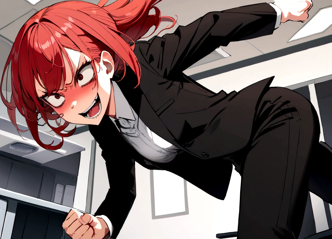 Red hair, black suit, punching, scary smile, office, daytime, vigorous