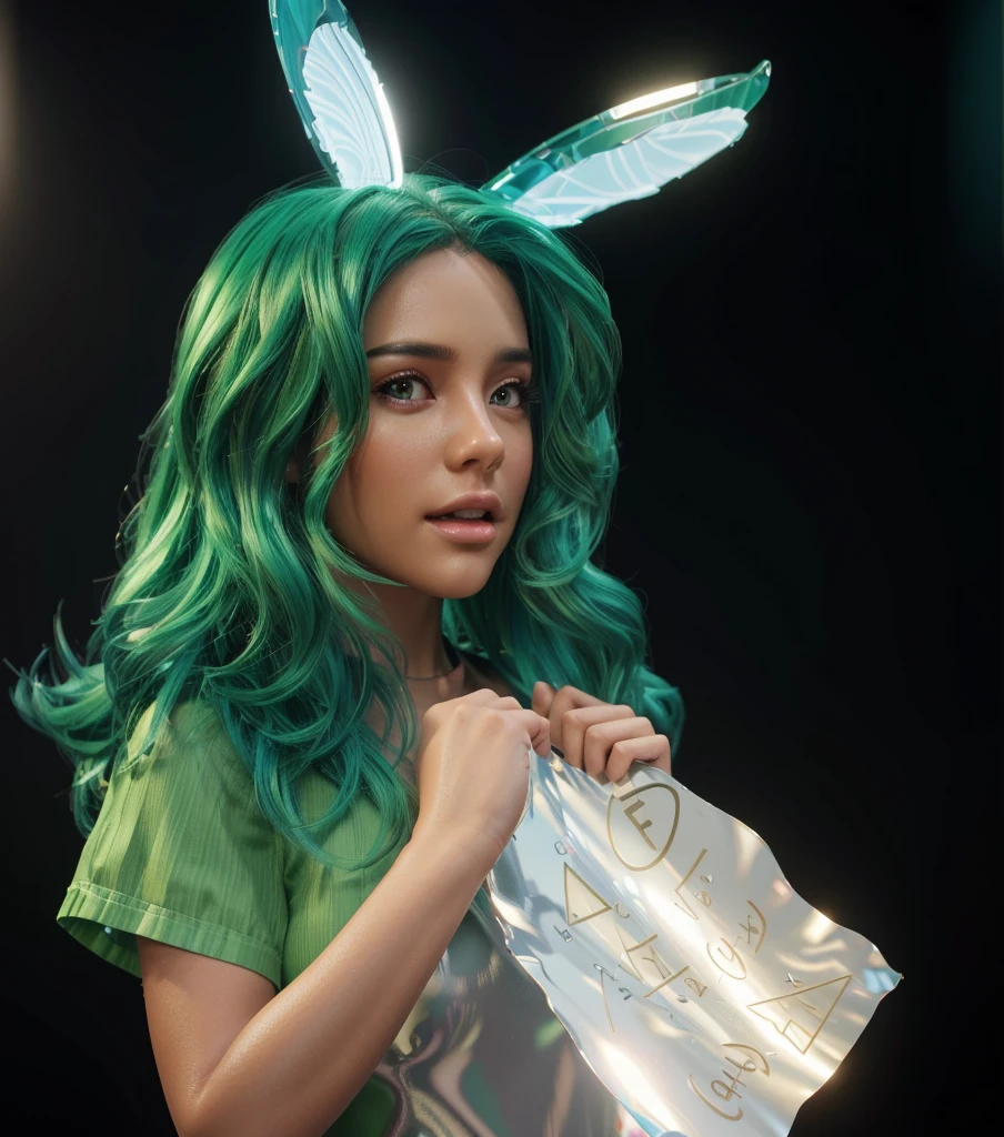 The image features a young girl with green hair, dressed in a green shirt, holding a piece of paper with a math problem written on it, smooth 3d model, glossy plastic texture, multiple light sources, rim light, sharp post effects render, most beautiful vfx, , realistic, 4k, high resolution, rim light, smooth 3d model. , glossy texture, smooth 3d model, multiple light sources, rim light, sharp post effects render, (glossy plastic texture with multiple big light probe refractions), perfect cgi, reflective, best quality, 4k, masterpiece:1.2, ultra-detailed, realistic, vivid colors, The image of the highest quality, ensuring every detail showcased perfectly. It in 4k resolution, allowing viewers to immerse themselves in the richness of the colors and intricate details. The realistic rendering. under the spotlight, reflecting, high-resolution image, realistic rendering