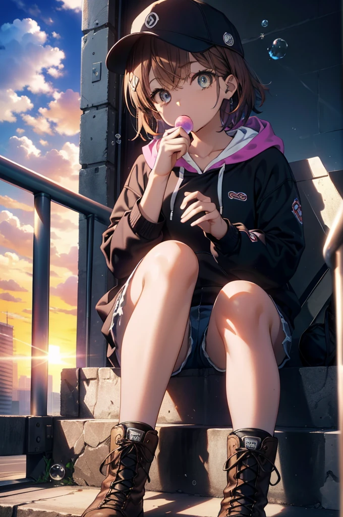 Mycotrose, Brown eyes,Brown Hair,short hair,Small breasts,Oversized black hoodie,Baseball cap,Shorts,boots,His hands are in his hoodie pockets,Blowing bubble gum,Sitting on the stairs,evening,Sunset,The sun is setting,whole bodyがイラストに入るように,　　　　　　　　　　　　　　　　　 　　　break looking at viewer, whole body,　　　 　　　　　　break outdoors, construction area,　　　　　　　　　　　　　　　　　　break (masterpiece:1.2), Highest quality, High resolution, unity 8k wallpaper, (shape:0.8), (Beautiful and beautiful eyes:1.6), Highly detailed face, Perfect lighting, Extremely detailed CG, (Perfect hands, Perfect Anatomy),