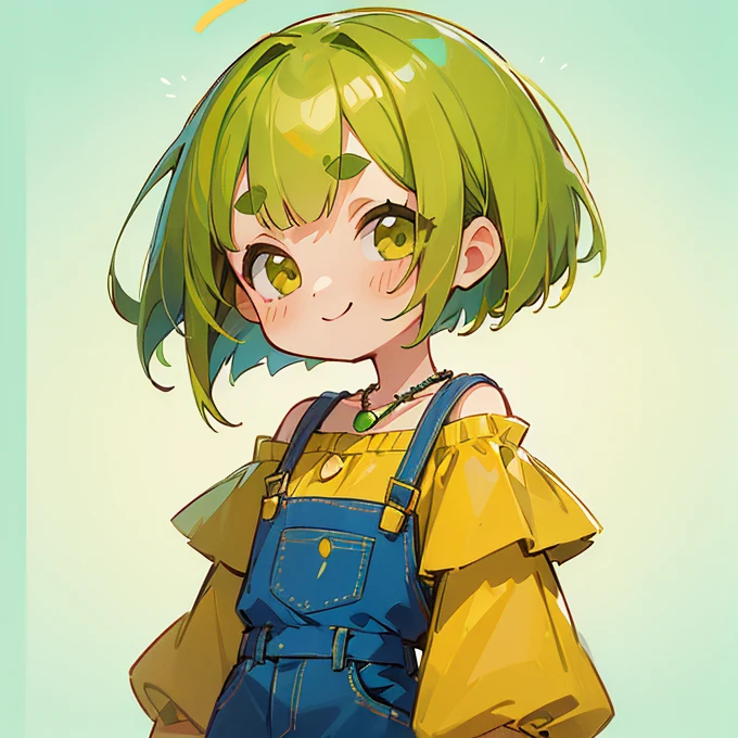 (masterpiece, Highest quality:1.2), (2 head body chibi character:1.1), Yellow-green hair, Bob Hair, Yellow-green eyes, Yellow off-shoulder blouse, Denim shorts, Short bangs, Thick eyebrows, Edamame Necklace, A gentle atmosphere, smile, View your viewers, (Photo studio with blue background:1.0)