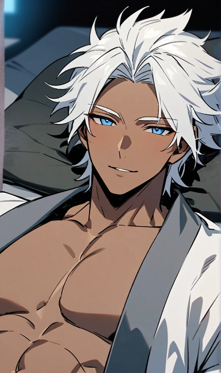 Character masculine From The king of figthers, k Dash Lying on a futon with a soft smile on your lips in a night mood , white hair, grayish blue eyes, dark skin, corpo musculoso tonificado